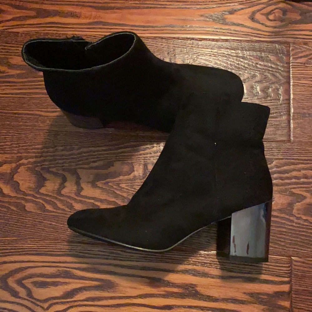 Suede booties with mirrored block 2” block heels.
